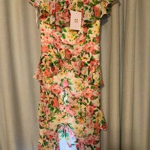 WAYF off the shoulder pink rose chiffon dress with tiers